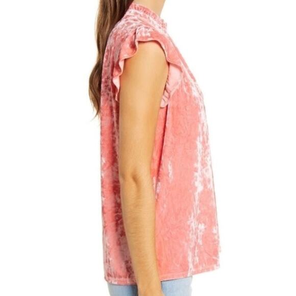 Gibsonlook Flutter Sleeve Ruffle Neck Crushed Velvet Top Sz Small in Coral NWT - Picture 3 of 8